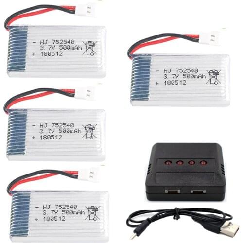 752540 25C 4PCS 3.7V 500mAh Lipolymer High Rate Rechargeable Battery +Charger For Drone Quadcopter Helicopter 51005 Plug X5C