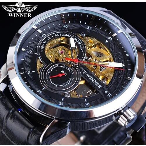 Winner Men Automatic Watches Golden Transparent Skeleton Mechanical Movement Black Leather Wristwatches Male Clock Relogios Gift