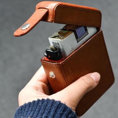 Cowhide Cigarette Case 20 Sticks Portable Leather Built-in Fire Machine Smoking Holder Multi-function Storage Box Men Ms Gifts