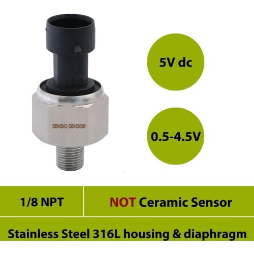 0.5 4.5V signal, oil pressure transducer, 5Vdc, 30, 50, 75 psi gauge, 0 150psi, 12bar, 25 bar, AISI 316L material,1 8 NPT thread