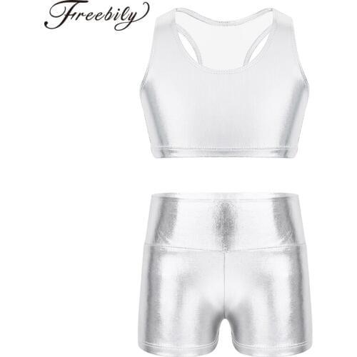 Kids Girls Shiny Metallic Costumes Party Ballet Dance Gymnastics Leotard Outfit Set for Ballet Class Performance Workout Clothes