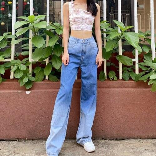 Summer Womens Wide-leg Jeans Fashion Wild Chic Denim High Waist Pants High Waist Stretch Loose Gradient Color Womens Jeans New