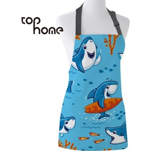 Tophome Kitchen Apron Blue Shark Cartoon Printed Adjustable Sleeveless Canvas Aprons for Men Women Kids Home Cleaning Tools