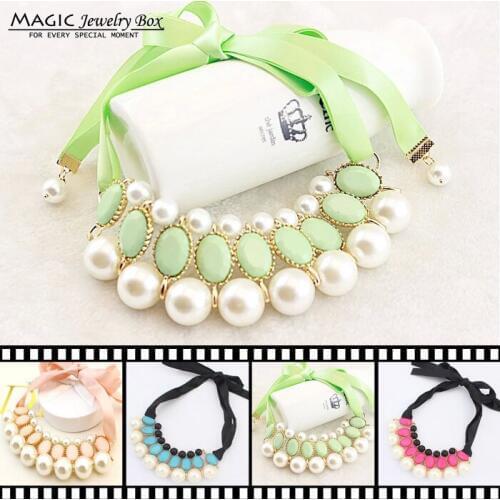 Cute New Girls Big Pearl Statement Necklace Women Pink Lace Pearls Choker Necklace Female Jewelry Party Gift collares