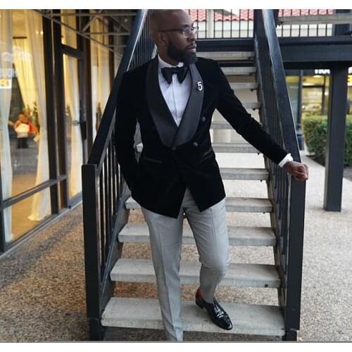 Mens Suits 2 Pieces Shawl Lapel Groom Tuxedos Velvet Best Men Wedding Coat and Grey Pants ( Jacket+Pants+Tie) Custom Made