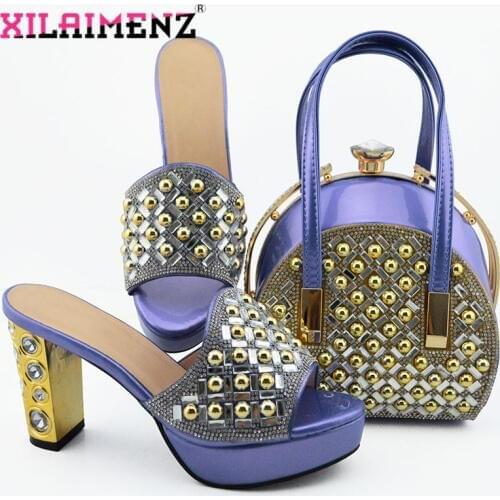New Arrival Violet Women Slippers and Bag Set Decorated with Rhinestone Shoes and Bag Set In Italy Women Dress Wedding Shoes