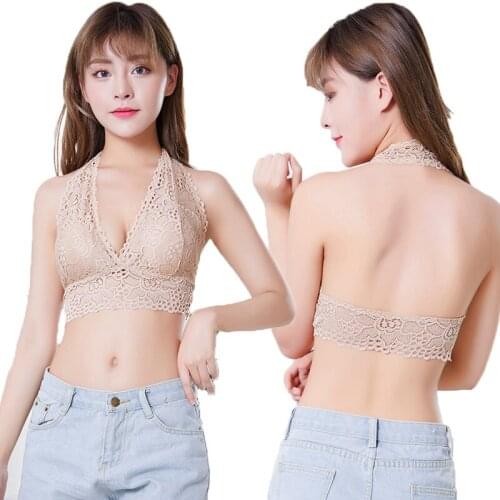 Fashion New Ladies Sexy Lace Print Deep V-Neck Solid Color Camisole Lace Hem Bra