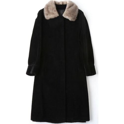Real Women Mink Fur Collar Sheep Shearing 100% Wool Coat Female Long Womens Winter Luxury Jacket Suede KJ612