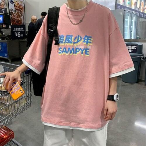 Couple Clothes Men T Shirt Fake Two Pieces Short Sleeve O Neck Print Harajuku Japan Style Streetwear Cotton Loose Plus Size Tees