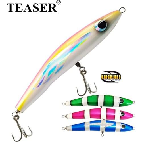 TEASER 110g Tuna Wood Artificial Topwater Big Game Trolling Deepsea Pencil Fishing Jigging Bait With Origin Tremble Hooks Mahi