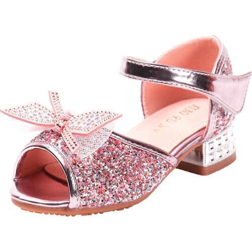 Summer Girls Sandals Fish Mouth Children Hollow Diamond High Heels Princess Shoes Little Kids Show Dance Birthday Party Shoes