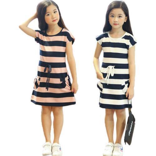 2019 Girl Evening Dress Children Clothing Summer Girls Party Dress Cotton Knitting 3-12Y Kids stripe Short-sleeved Dress