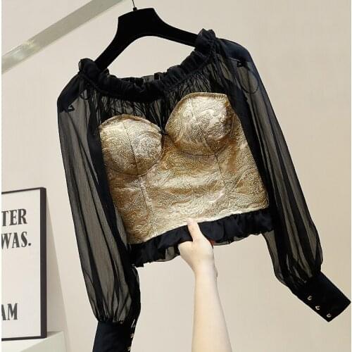 Embroidery Frilled Slash Neck Chiffon Shirt Womens Fashion Short Tops Crop Top Ladies Sexy Blouse Blusas Femininas De 2020