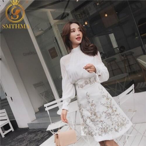 SMTHMA Newest Fashion Runway 2021 Womens Long Sleeve White Blouse+High Waist Embroidery Beading 2 Piece Skirt Set