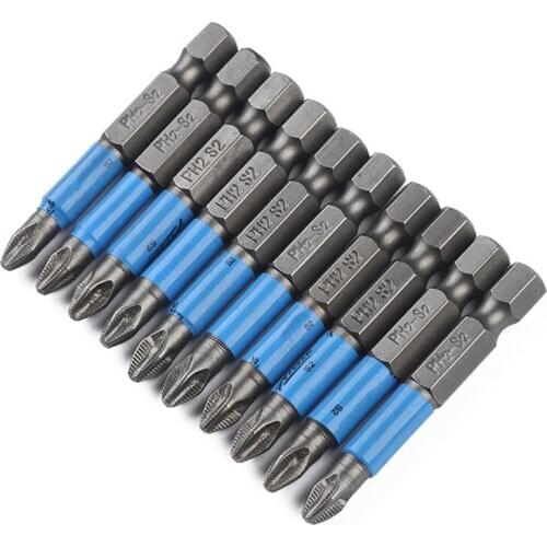 10PCS/Set Alloy Steel S2 PH2 Screwdriver Bit Phillips Bits 6.35mm Shank Non-Slip Screwdriver Bits Set with Magnetic, 50mm Long