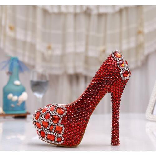 2018 High Fashion Crystal High Heels Lady Prom Shoes Red Rhinestone Pumps Womens Party Shoes Bridal Wedding Dress Shoes