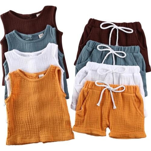 2020 Toddler Newborn Baby Girl Boy Clothes Sleeveless Button Tank Tops Vest T Shirt Shorts Pants Summer Outfit Cotton linen Set