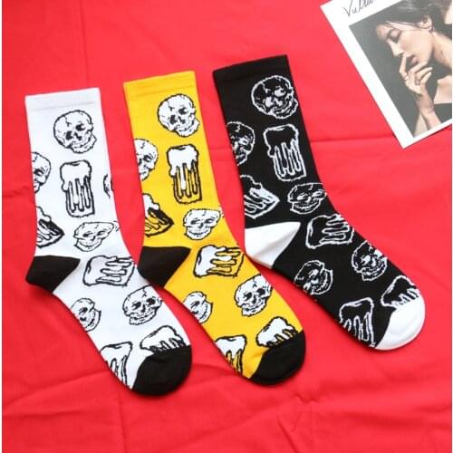 Happy Beer Human Adult Short Ankle Calf Crew Socks Horror Death Street Fashion Cartoon Daily Black Yellow White Skeleton Skull