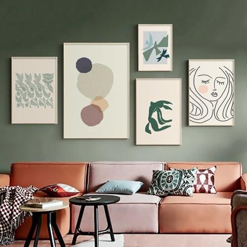 Abstract Birds Flower Print Girl Face Line Dranwing Painting Beige Canvas Poster Wall Art Pictures for Living Room Home Decor