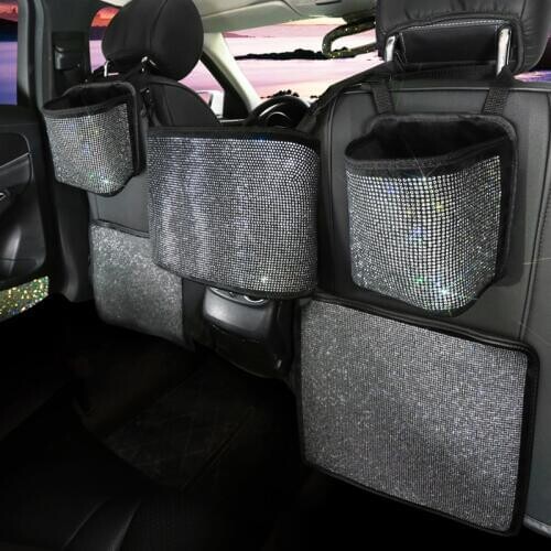 White Rhinestone Car Storage Bag Organizer Backseat Holder Multi-Pockets Car Container Stowing Tidying Women