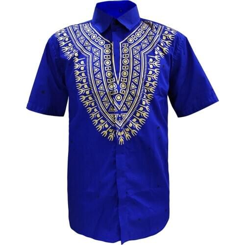 Royal Blue Fashion Printed African T-shirt Button Stand Neck Short Sleeve Multicolored Mens Clothing