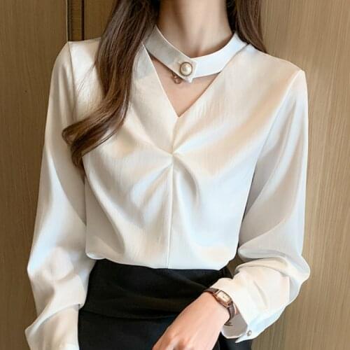 Fashion Woman Blouses 2021 Bow V-neck Chiffon Blouse Shirt Women Tops Clothes White Blouse Long Sleeve Blouse Women Blusas C642