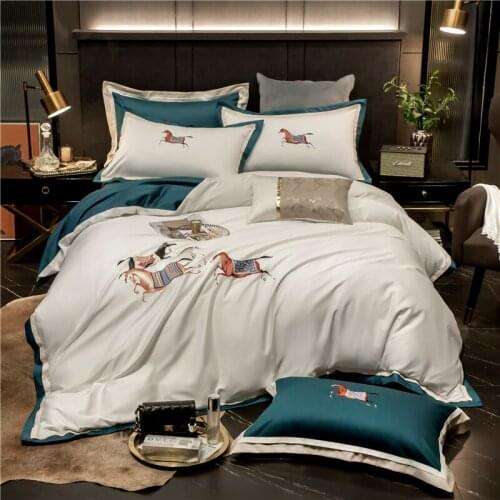 Luxury Blue/White 600TC Egyptian Cotton Horse Embroidery Bedding Set Double Duvet Cover Set Bed Sheet Pillowcases Home Textiles