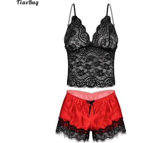 TiaoBug Summer Women Lady 2Pcs See-Through Lace Lingerie Suit Pajama Set Sleepwear Homewear Cropped Camisole With Shorts