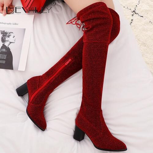 Lsewilly Size 34-43 Women Winter High Boots Warm Fur Women High Boots Silver Blue Strength Over the Knee Boots thick heel