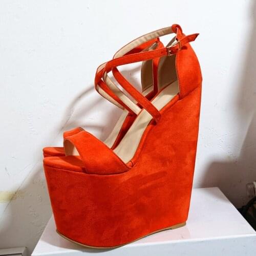 FGHGF NEW 20CM High Wedge Sandal Black, Tangerine Instep Cross Lacing Sexy Womens Shoes