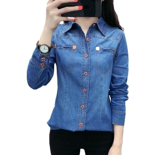New spring Autumn women cotton pocket Turn-down Collar long sleeve blouse blue Denim shirt casual tops