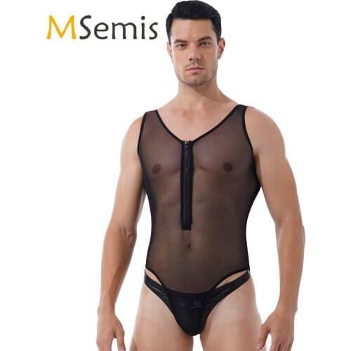 Sexy Mens Lingerie See Through Teddies Bodysuit Underwear Front Zippered Sheer Mesh Deep U-neck High Cut Erotic Sexy Costume