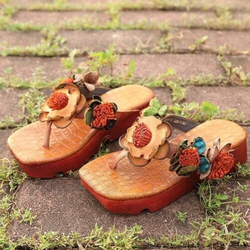 Female Handmade Genuine Leather Flower Flat Flops Women Summer Slipper Flip Comfort Casual Ladies Retro Beach Shoes Girls Slides