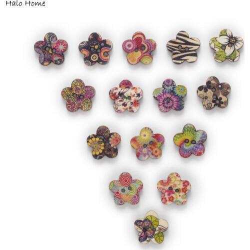Mixed 50pcs 2 Hole Flower Wood Buttons Home Decor Clothing Sewing Scrapbooking Card Making DIY 17mm