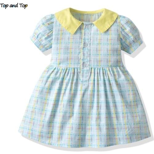Top and top Fashion Summer Baby Toddler Kids Girl Casual Dress Children Girls Puff Short Sleeve Plaid Tutu Dresses Princess Clot