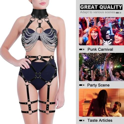 Women Bdsm Body Harness Bondage Set Sexy Chest Leather Chain Cage Straps Gothic Punk Leg Garter Belt Lingerie Erotic Set Fetish