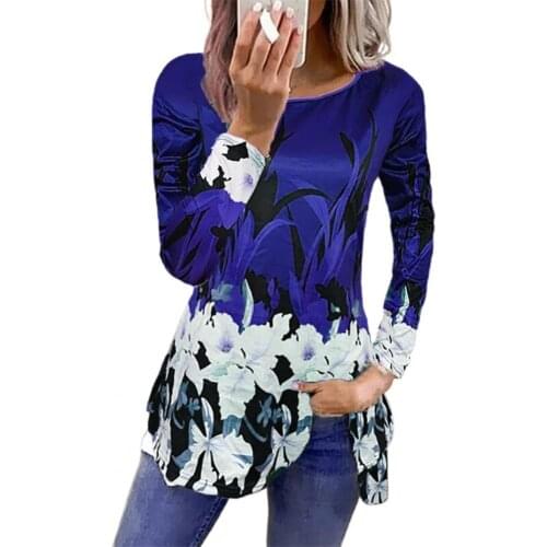 2021 New Women T-shirt Long Sleeve All Match Elegant Floral Print Casual Plus Size O Neck Pullover T-Shirts Tops