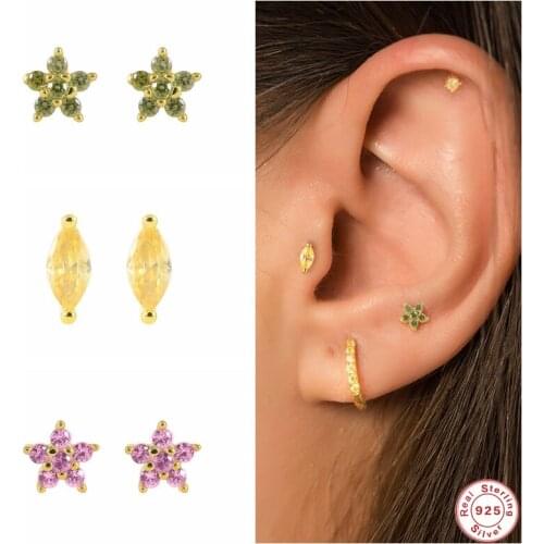 GS 925 Sterling Silver Colored Zircon Stud Earrings For Women Tiny Flower Oval Shape Green Purple Rose Red Crystal Ear Studs