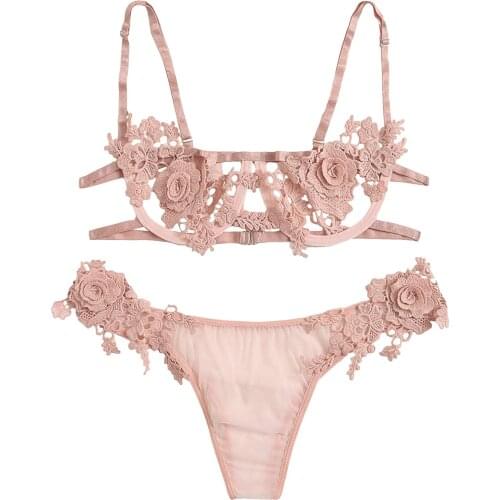 Womens Floral Appliques Underwire Bra and Panty 2 Piece Lingerie Set Underwear