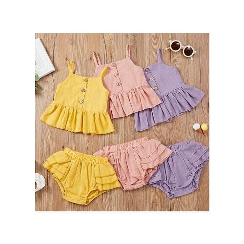 Girls Summer Two Piece Set Fashion Solid Color Button Suspender Tops and Ruffles Short Pants