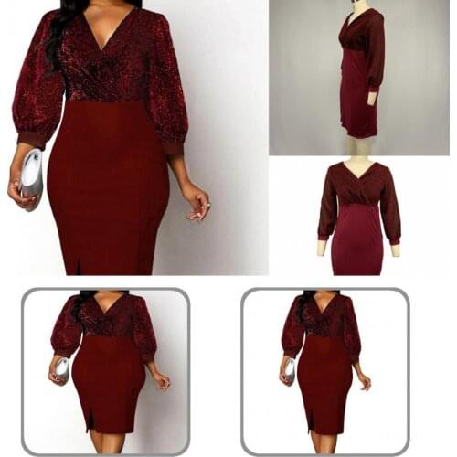 Waist Tied Women Shiny V Neck Dress for Evening Party Formal Dress Waist Tied Women Shiny V Neck Dress for Evening Party