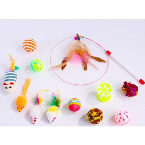 12Pcs Cat Interactive Toy Rainbow Ball Cat Toy Kitten Feather Teaser Wand Sisal Mouse Bell Ball Cat Sticks Pet Cat Accessories