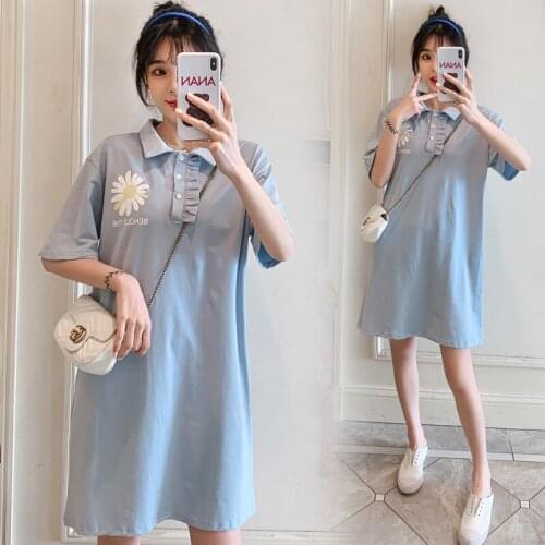 4305# Maternity Dress Summer Short Sleeves Polo T Shirt Green Easy Matching Loose Stylish Dress Pregnant Women Mom Dress