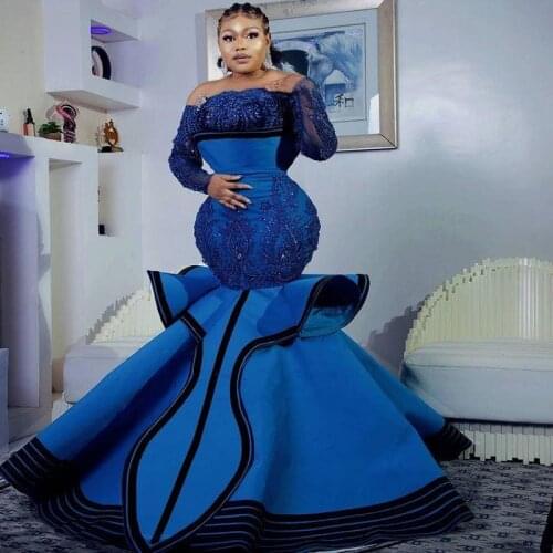 Aso Ebi Royal Blue Mermaid Evening Dresses Lace Appliques Beaded Long Sleeves Prom Dress Ruffles Plus Size Women Party Gowns