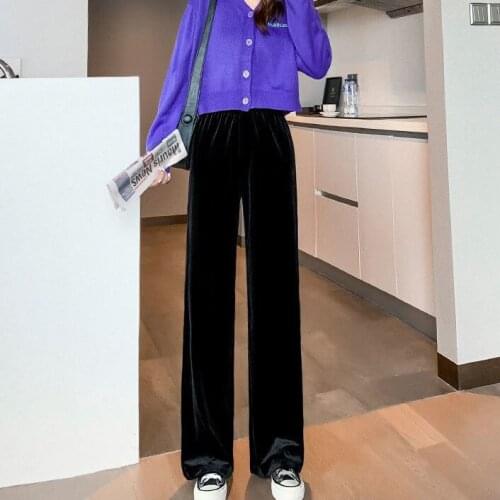 Wide-leg pants womens drape spring and autumn thin section 2021 loose and thin gold velvet straight high-waist casual trousers