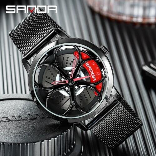 SANDA Mens Wheel Dial Watch Mens Black Waterproof Watch Stainless Steel Mens Car Contour Quartz Watch Relogio MasculinoP1070