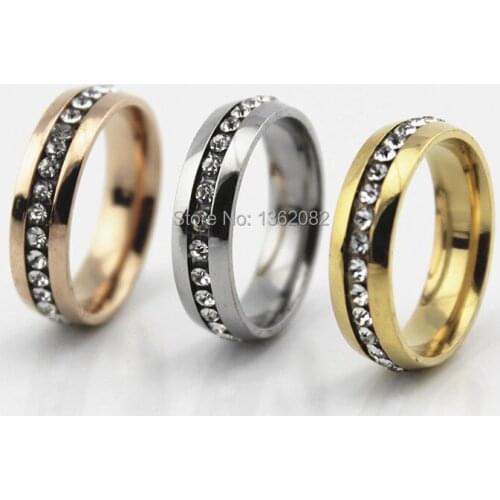 HOT 6mm High Polished Stainless Steel Zircon Couple Rings Clear Crystal Wedding Engagement Bands for men womens Gift MR26