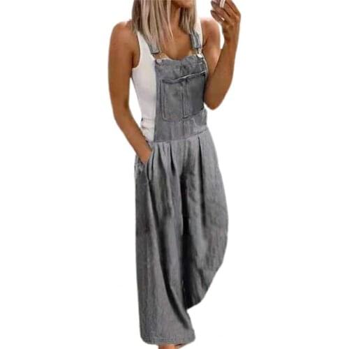 Solid Color Denim Jumpsuit Loose Trousers Thin Sleeveless Square Neck Bib Overalls Streetwear Elegant Long Hot Sale Blue Fashion
