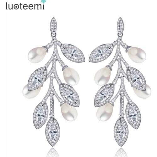 LUOTEEMI Fashion Luxury Statement Leaft Pendant Earrings For Women Simulated Pearl White Gold-Color CZ Wedding Jewelry Brincos