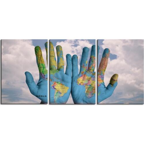 World In Your Hands 3 pieces hands world map poster canvas print Wall Art For Living Room Office Decor